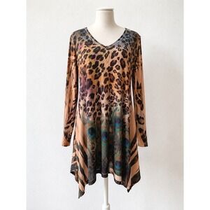 Cover Charge Animal Print L Cheetah Peacock Sharkbite Hem Trapeze Tunic Dress‎